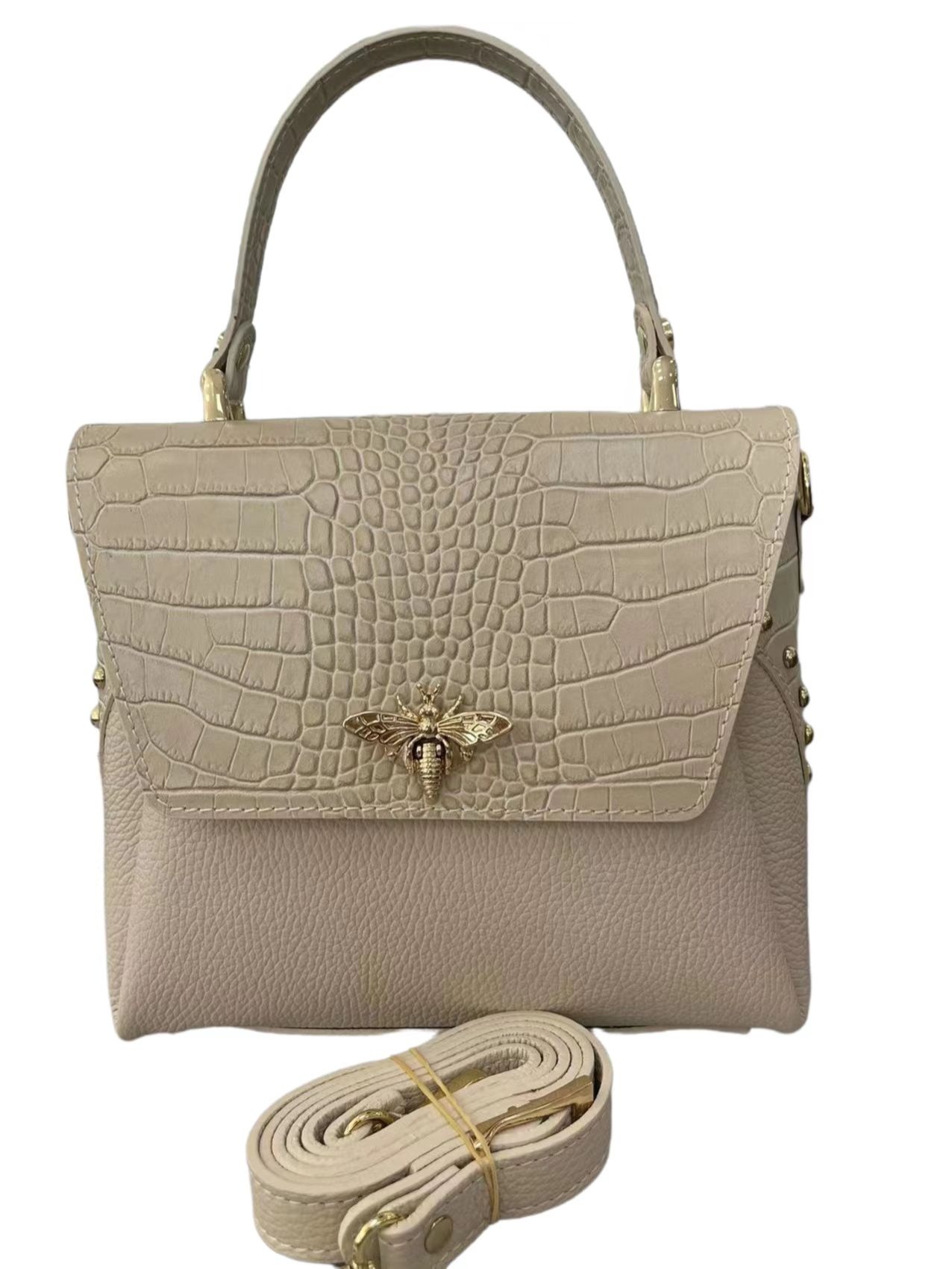 Beige Leather handle bag with shoulder strap